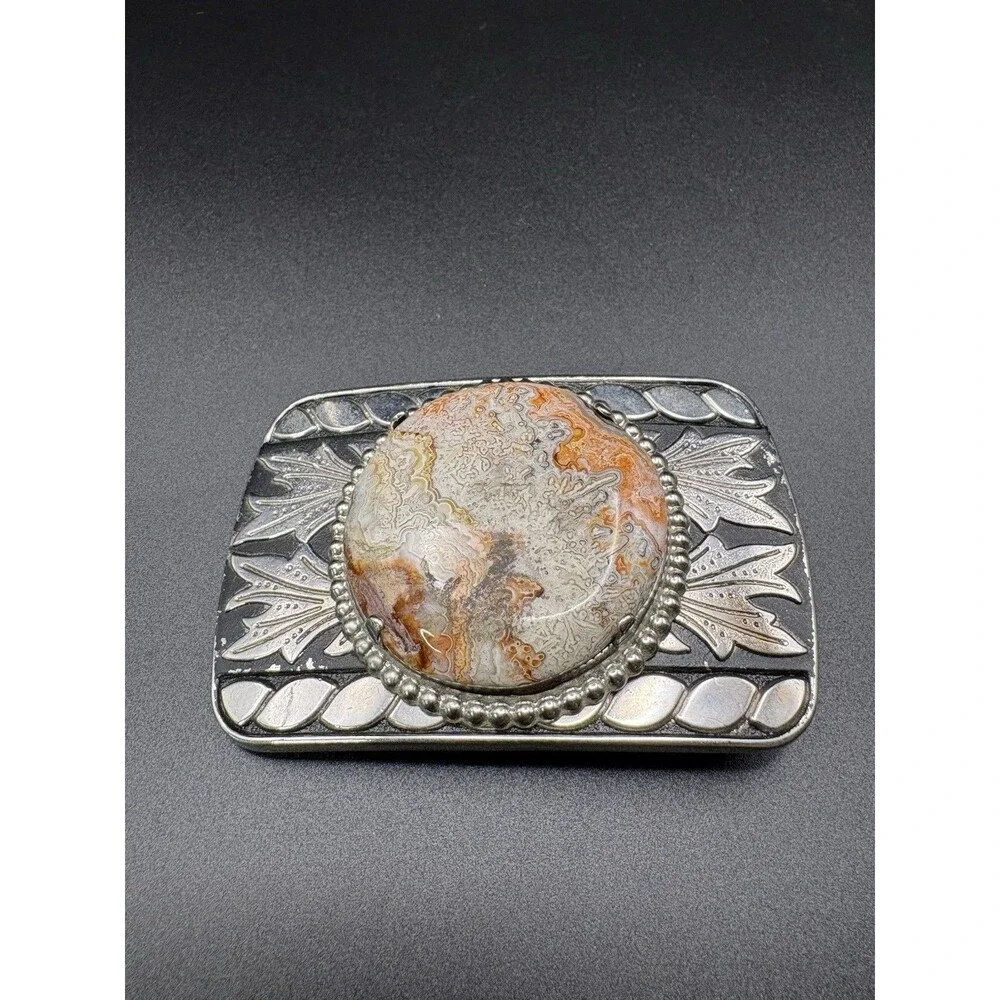Vintage Western Silver Tone Belt Buckle Crazy Lace Agate Stone Cowboy Rodeo USA